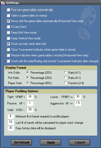 Poker Calculator Settings